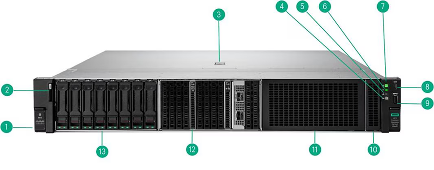 Front View – SFF chassis with optional EDSFF blank, OCP, and Drive Bay blank shown