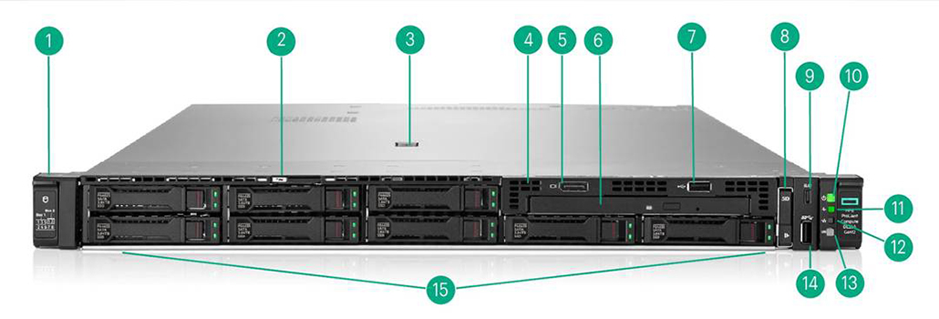 Front View – 8SFF CTO Server – 8SFF + optional Universal Media Bay (Optical drive, DisplayPort, USB 2.0)